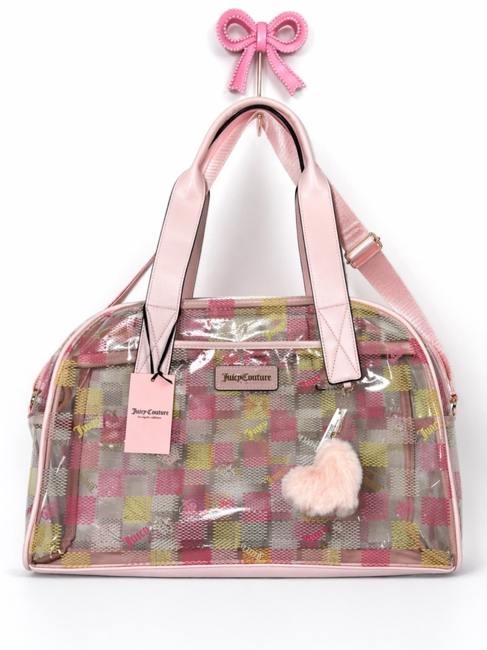 Juicy Couture Clear Pink Plaid Weekender/Travel Bag Faux Fur Charm Tote